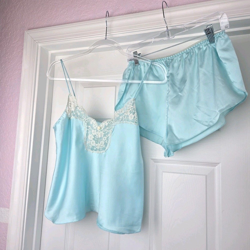 Victoria's Secret Vtg Satin Cami And Shorts Sleep Set Loungewear Blue USA